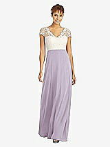 Front View Thumbnail - Lilac Haze & Ivory Cap Sleeve Illusion-Back Lace and Chiffon Dress