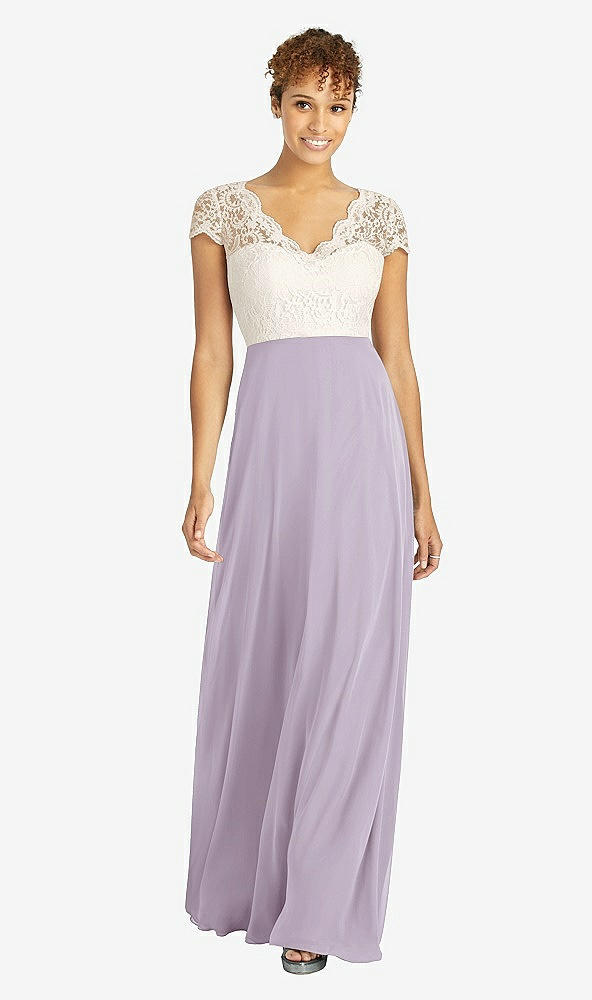 Front View - Lilac Haze & Ivory Cap Sleeve Illusion-Back Lace and Chiffon Dress