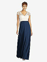 Front View Thumbnail - Midnight Navy & Ivory Cap Sleeve Illusion-Back Lace and Chiffon Dress