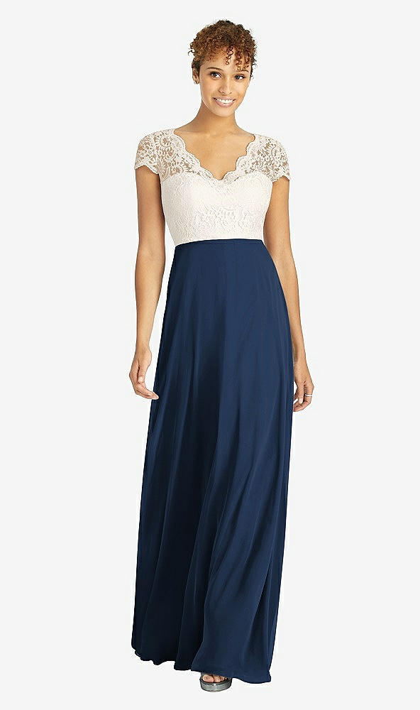 Front View - Midnight Navy & Ivory Cap Sleeve Illusion-Back Lace and Chiffon Dress