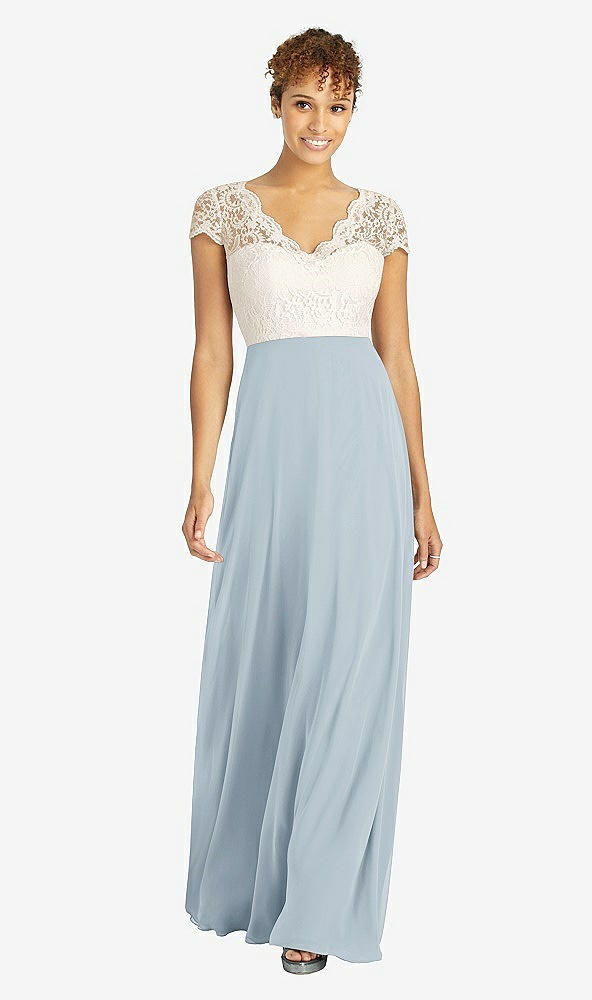 Front View - Mist & Ivory Cap Sleeve Illusion-Back Lace and Chiffon Dress
