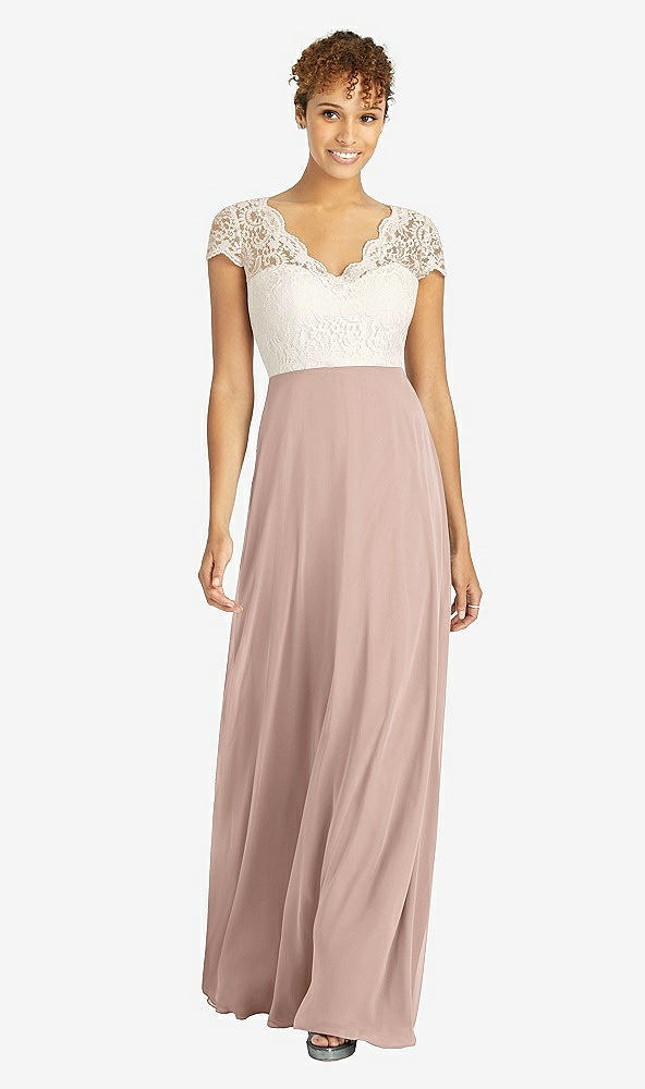 Front View - Neu Nude & Ivory Cap Sleeve Illusion-Back Lace and Chiffon Dress