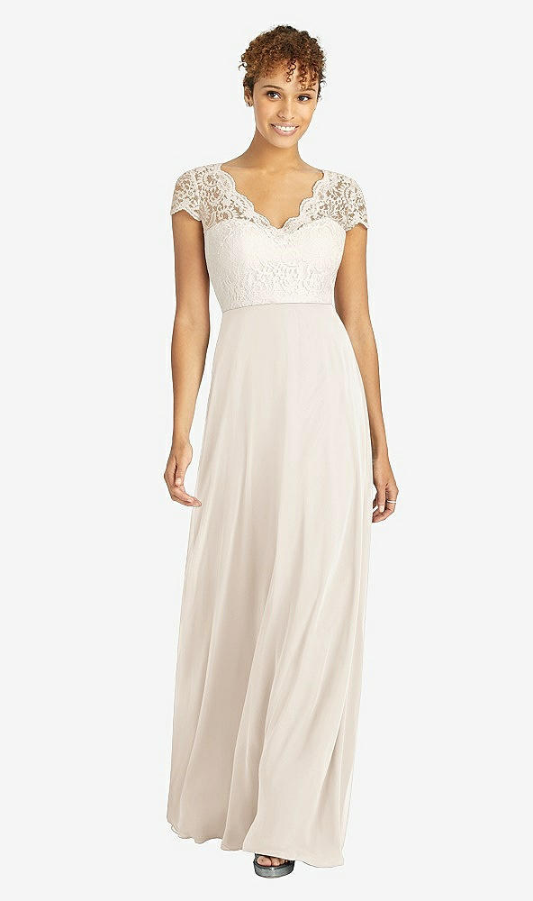 Front View - Oat & Ivory Cap Sleeve Illusion-Back Lace and Chiffon Dress