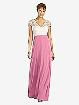 Front View Thumbnail - Orchid Pink & Ivory Cap Sleeve Illusion-Back Lace and Chiffon Dress