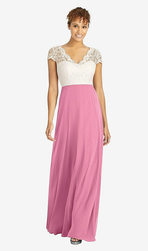 Front View - Orchid Pink & Ivory Cap Sleeve Illusion-Back Lace and Chiffon Dress