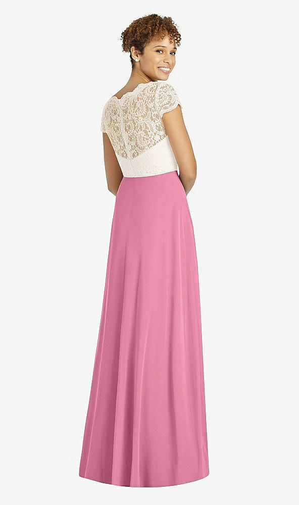 Back View - Orchid Pink & Ivory Cap Sleeve Illusion-Back Lace and Chiffon Dress