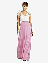 Front View Thumbnail - Powder Pink & Ivory Cap Sleeve Illusion-Back Lace and Chiffon Dress