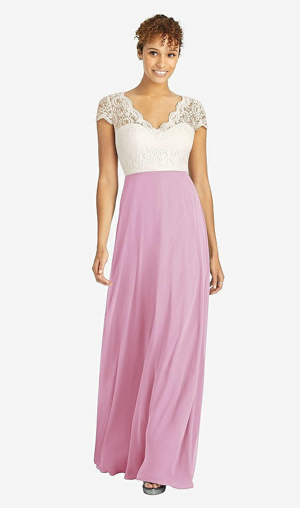 Front View - Powder Pink & Ivory Cap Sleeve Illusion-Back Lace and Chiffon Dress