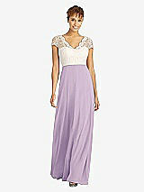 Front View Thumbnail - Pale Purple & Ivory Cap Sleeve Illusion-Back Lace and Chiffon Dress