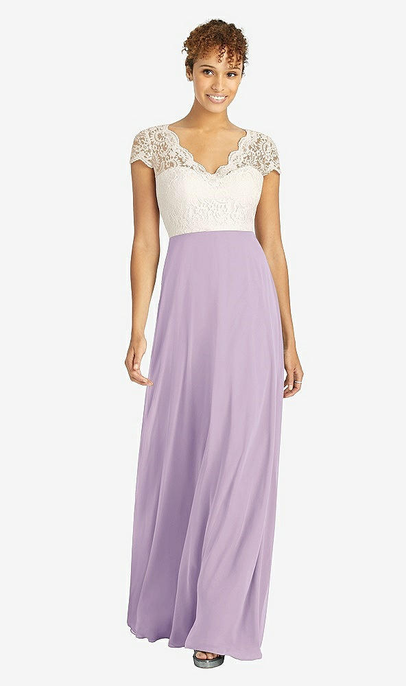 Front View - Pale Purple & Ivory Cap Sleeve Illusion-Back Lace and Chiffon Dress