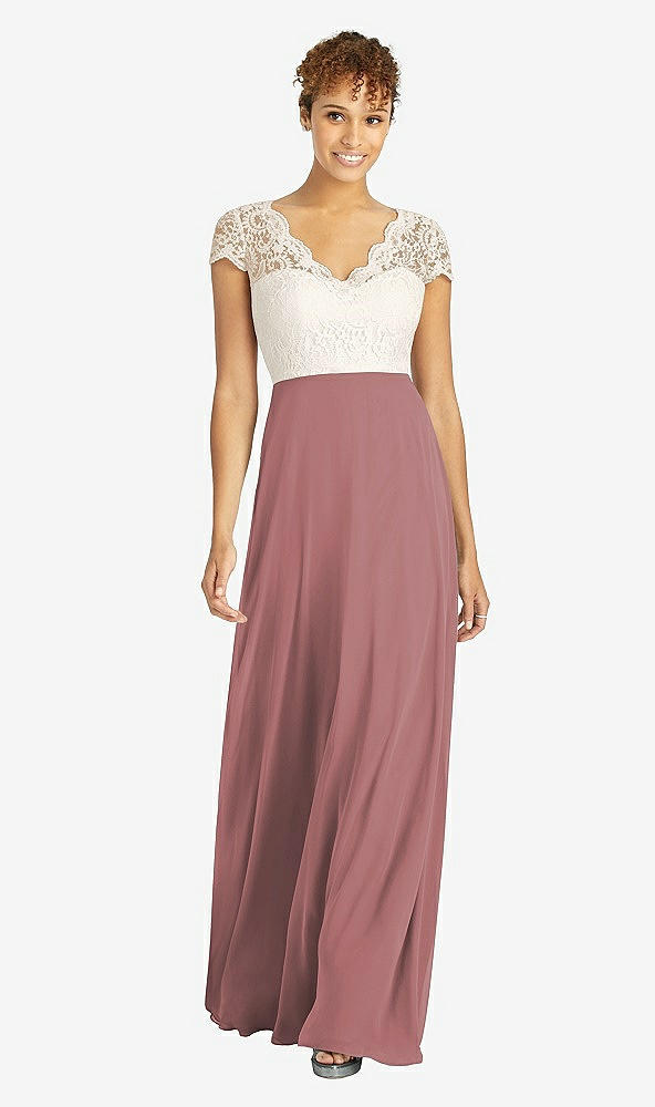 Front View - Rosewood & Ivory Cap Sleeve Illusion-Back Lace and Chiffon Dress