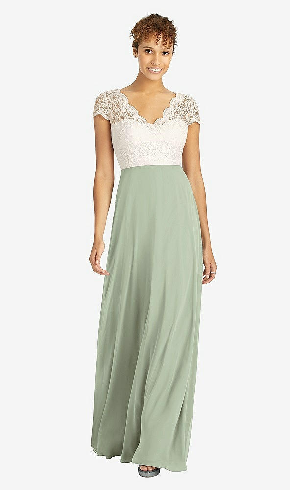 Front View - Sage & Ivory Cap Sleeve Illusion-Back Lace and Chiffon Dress