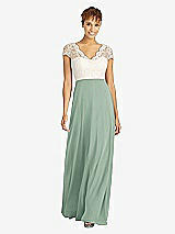 Front View Thumbnail - Seagrass & Ivory Cap Sleeve Illusion-Back Lace and Chiffon Dress