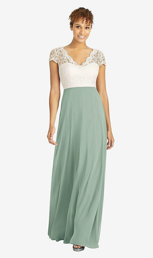 Front View - Seagrass & Ivory Cap Sleeve Illusion-Back Lace and Chiffon Dress
