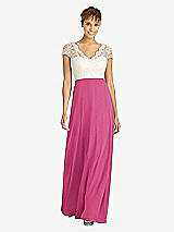 Front View Thumbnail - Tea Rose & Ivory Cap Sleeve Illusion-Back Lace and Chiffon Dress