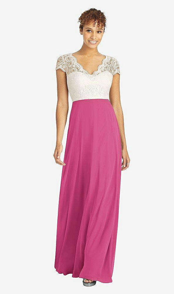 Front View - Tea Rose & Ivory Cap Sleeve Illusion-Back Lace and Chiffon Dress