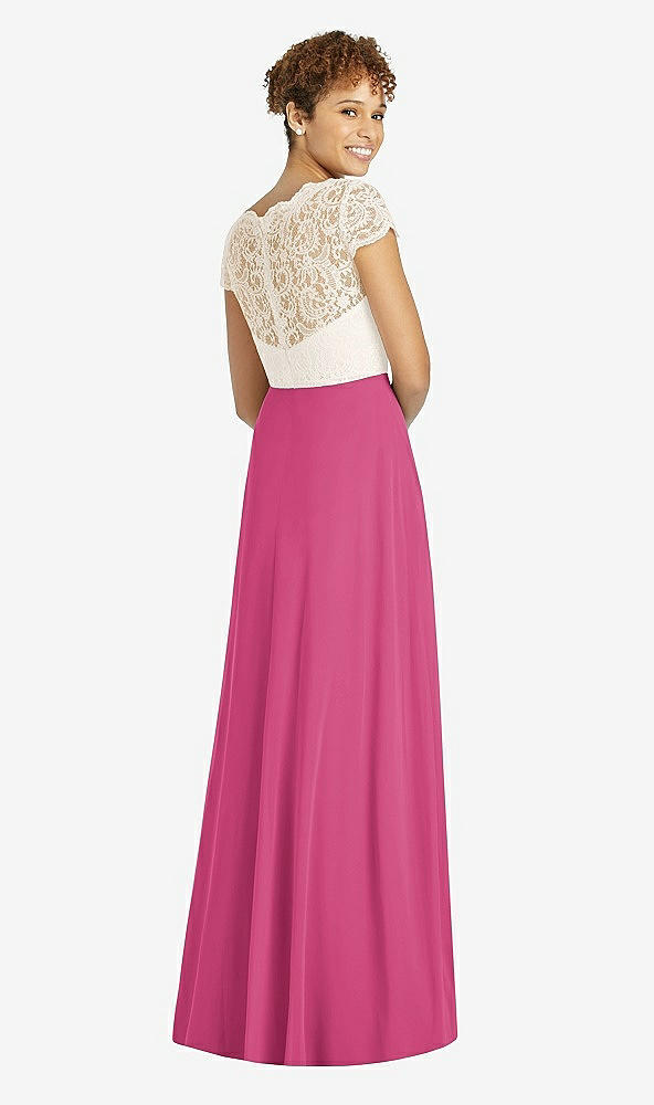 Back View - Tea Rose & Ivory Cap Sleeve Illusion-Back Lace and Chiffon Dress