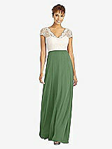 Front View Thumbnail - Vineyard Green & Ivory Cap Sleeve Illusion-Back Lace and Chiffon Dress
