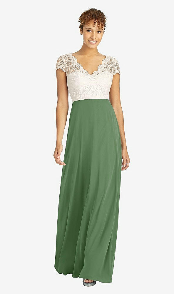 Front View - Vineyard Green & Ivory Cap Sleeve Illusion-Back Lace and Chiffon Dress
