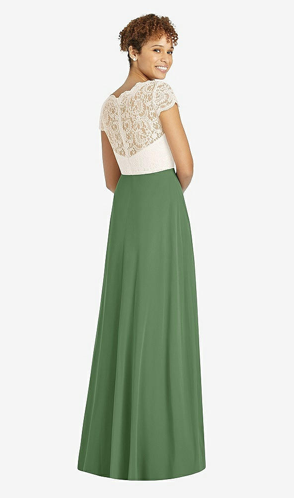Back View - Vineyard Green & Ivory Cap Sleeve Illusion-Back Lace and Chiffon Dress