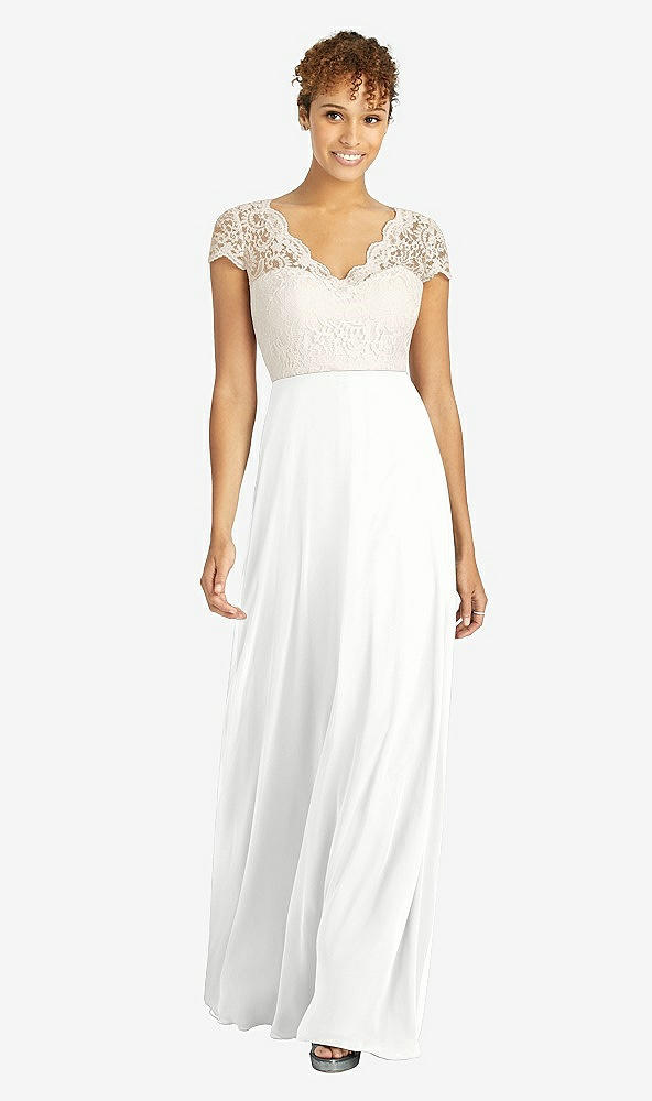 Front View - White & Ivory Cap Sleeve Illusion-Back Lace and Chiffon Dress