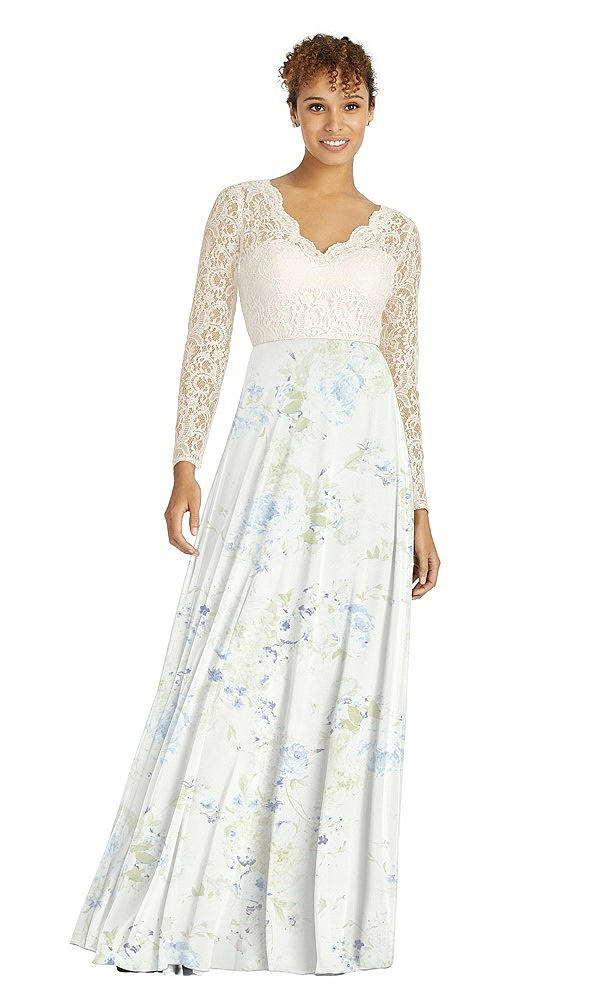 Front View - Bleu Garden & Ivory Long Sleeve Illusion-Back Lace and Chiffon Dress