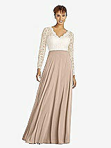Front View Thumbnail - Topaz & Ivory Long Sleeve Illusion-Back Lace and Chiffon Dress