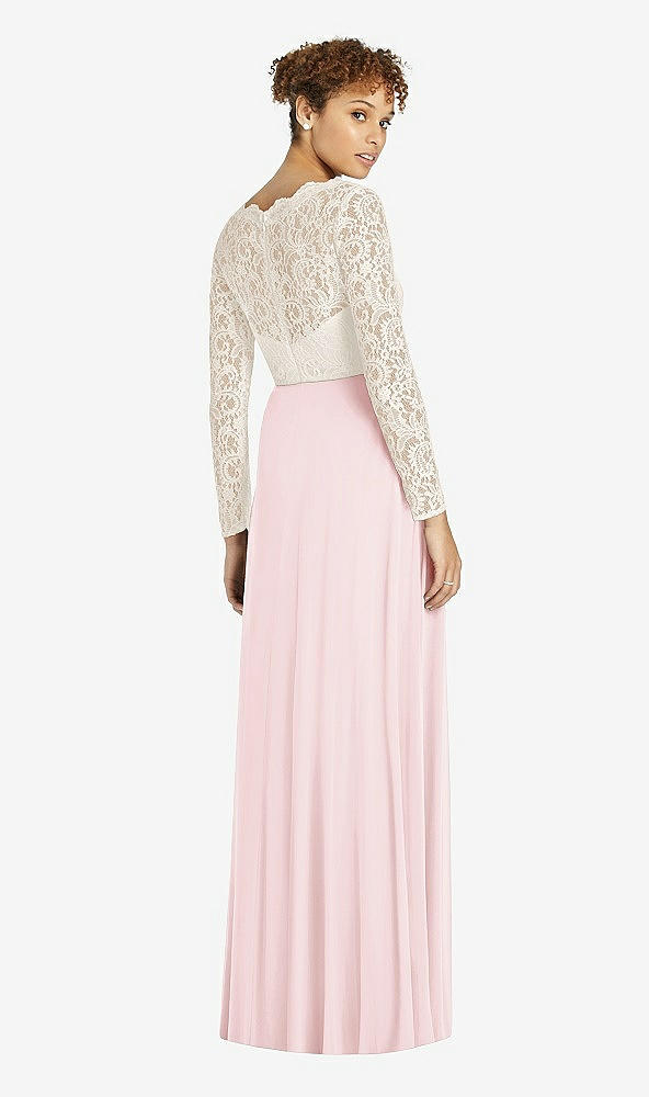 Back View - Ballet Pink & Ivory Long Sleeve Illusion-Back Lace and Chiffon Dress