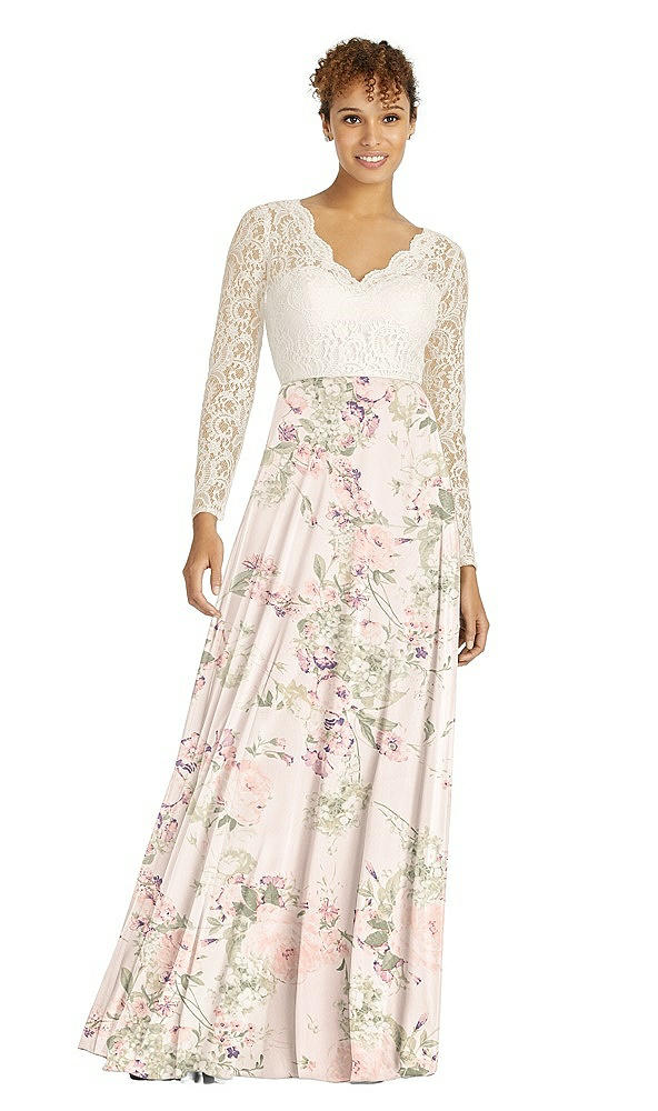 Front View - Blush Garden & Ivory Long Sleeve Illusion-Back Lace and Chiffon Dress