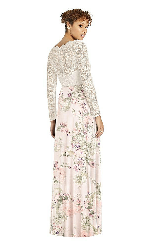 Back View - Blush Garden & Ivory Long Sleeve Illusion-Back Lace and Chiffon Dress