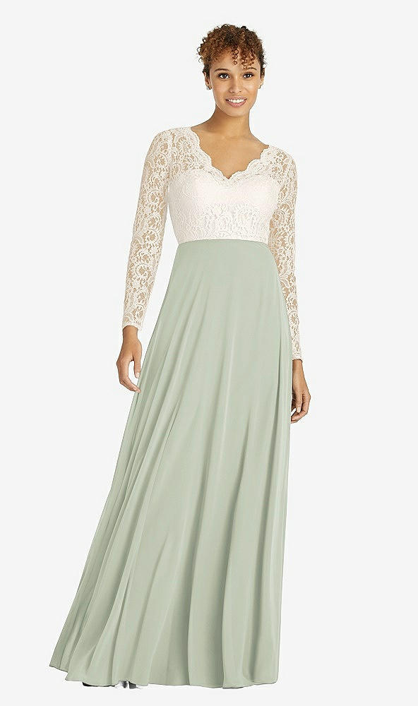 Front View - Celadon & Ivory Long Sleeve Illusion-Back Lace and Chiffon Dress