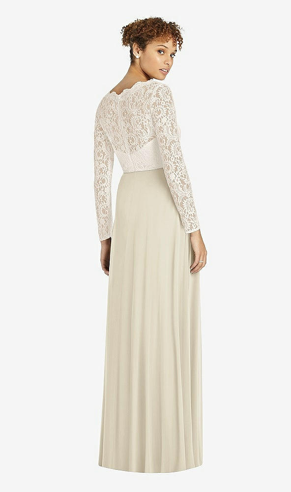 Back View - Champagne & Ivory Long Sleeve Illusion-Back Lace and Chiffon Dress