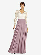Front View Thumbnail - Dusty Rose & Ivory Long Sleeve Illusion-Back Lace and Chiffon Dress