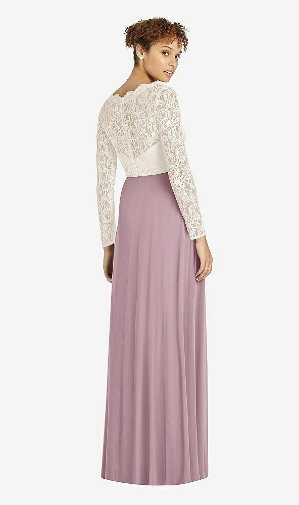 Back View - Dusty Rose & Ivory Long Sleeve Illusion-Back Lace and Chiffon Dress