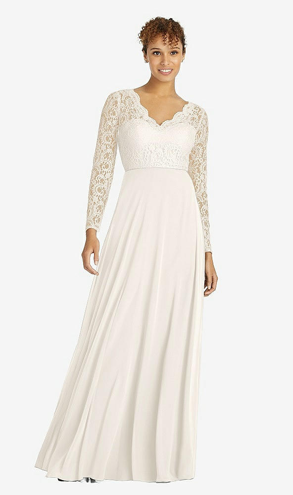 Front View - Ivory & Ivory Long Sleeve Illusion-Back Lace and Chiffon Dress