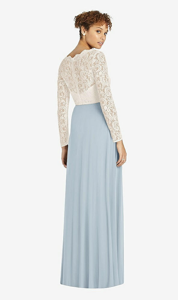 Back View - Mist & Ivory Long Sleeve Illusion-Back Lace and Chiffon Dress