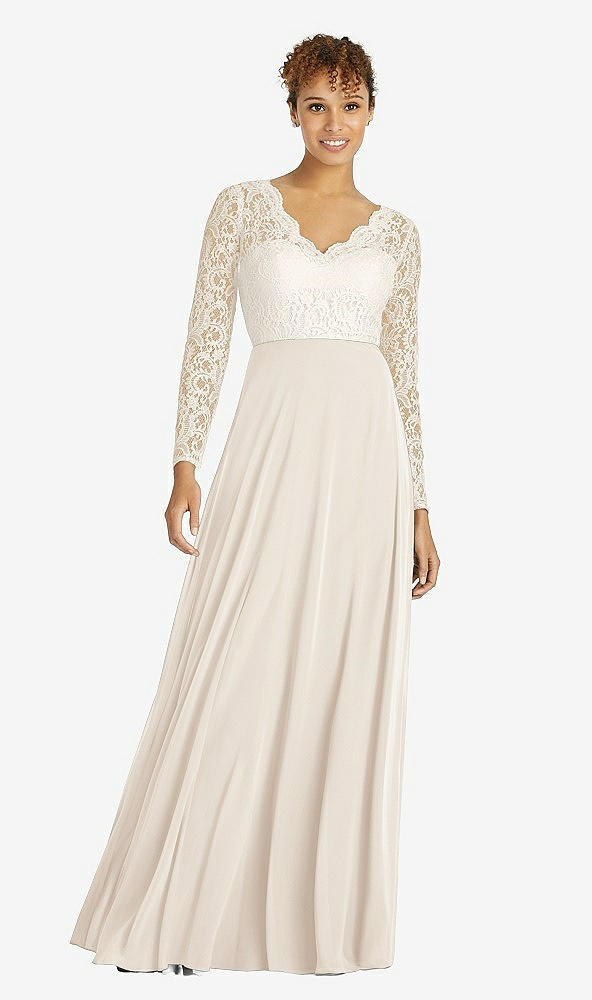 Front View - Oat & Ivory Long Sleeve Illusion-Back Lace and Chiffon Dress