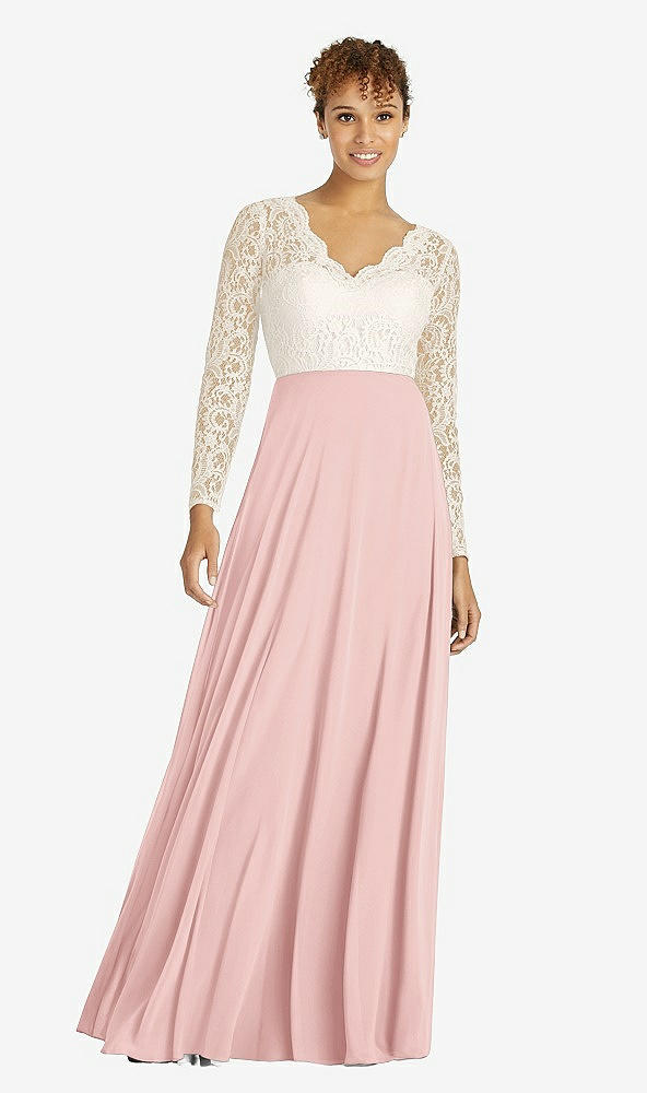 Front View - Rose & Ivory Long Sleeve Illusion-Back Lace and Chiffon Dress