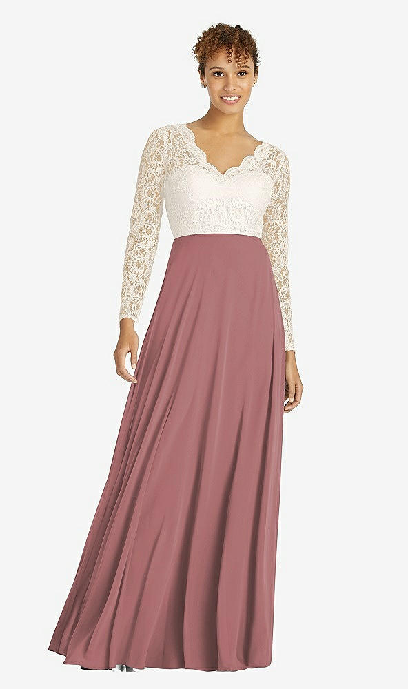 Front View - Rosewood & Ivory Long Sleeve Illusion-Back Lace and Chiffon Dress