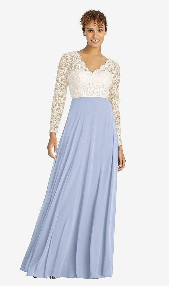 Front View - Sky Blue & Ivory Long Sleeve Illusion-Back Lace and Chiffon Dress