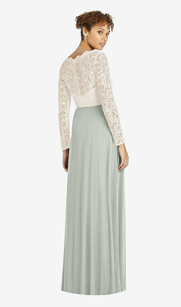 Back View - Willow Green & Ivory Long Sleeve Illusion-Back Lace and Chiffon Dress