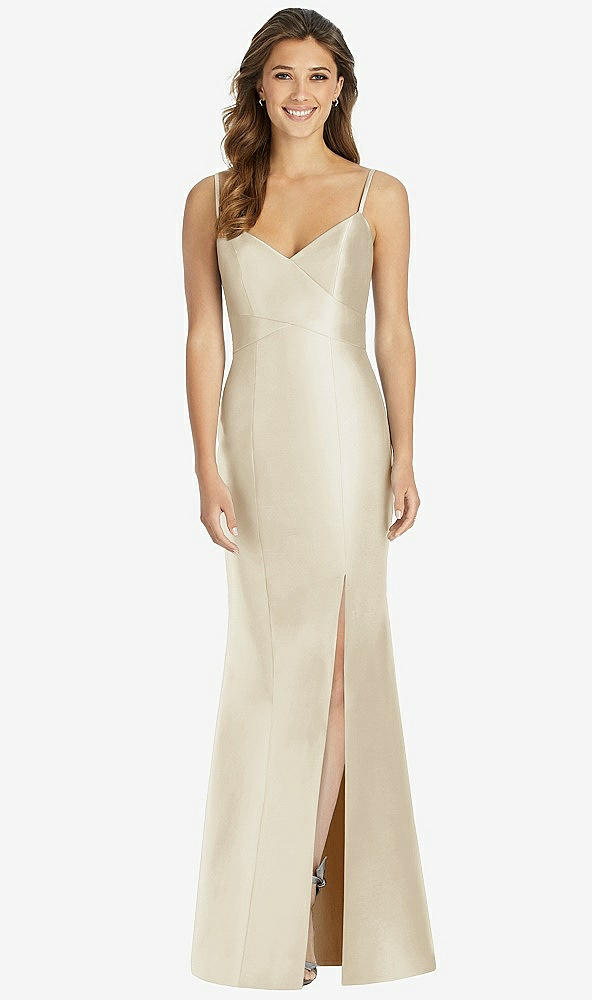 Front View - Champagne Maxi Length Spaghetti Strap Mermaid Dress