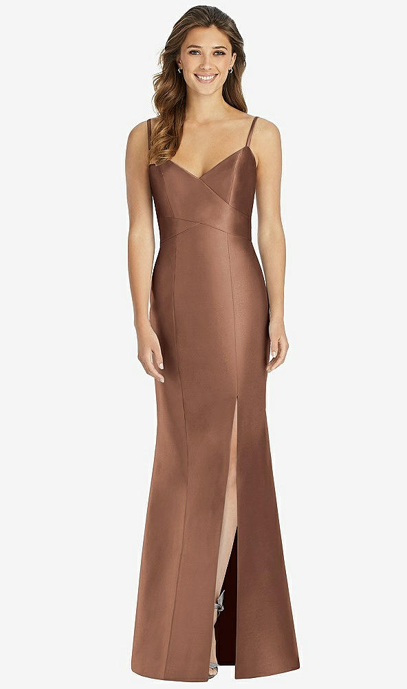 Front View - Cognac Maxi Length Spaghetti Strap Mermaid Dress