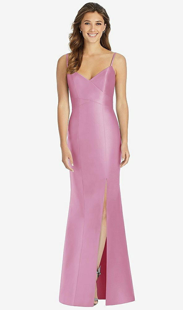 Front View - Powder Pink Maxi Length Spaghetti Strap Mermaid Dress
