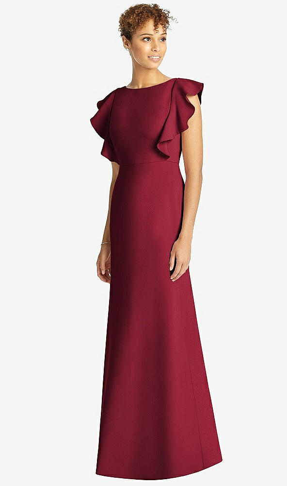 Front View - Burgundy Ruffle Cap Sleeve Open-back Trumpet Gown