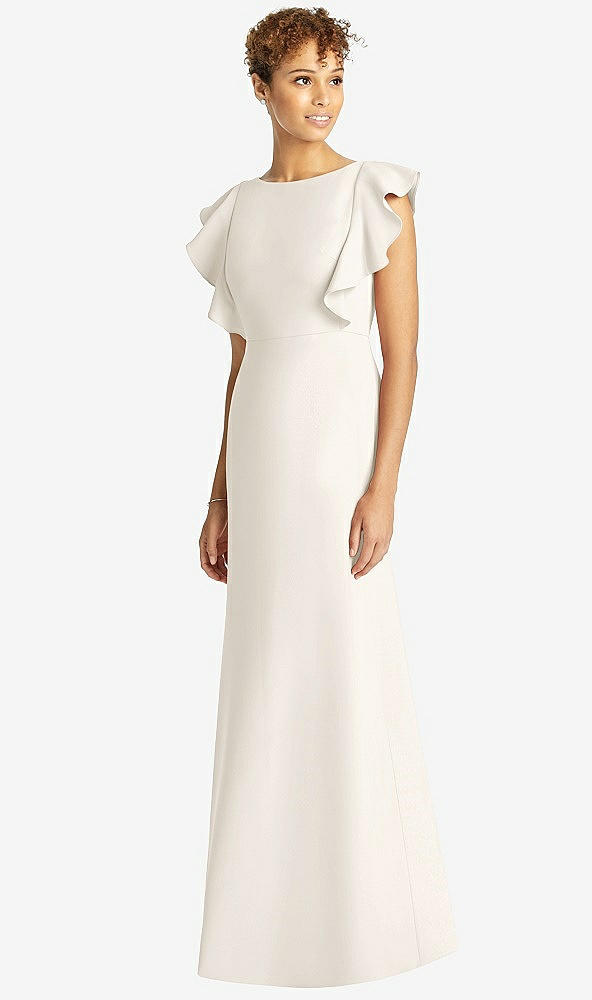 Front View - Ivory Ruffle Cap Sleeve Open-back Trumpet Gown