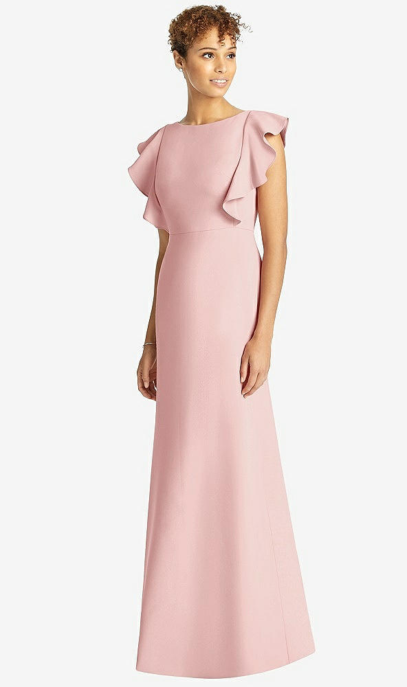 Front View - Rose Ruffle Cap Sleeve Open-back Trumpet Gown