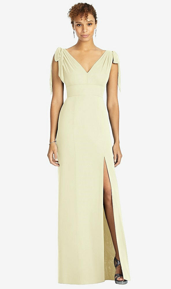 Front View - Butter Yellow Bow-Shoulder Sleeveless Deep V-Back Mermaid Dress