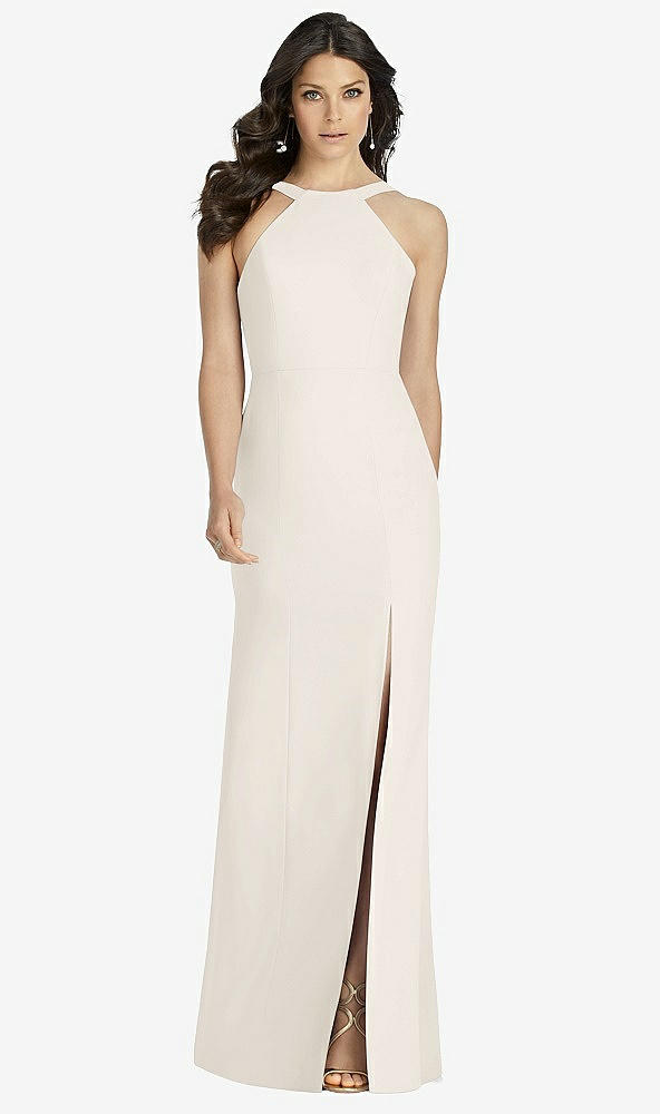 Front View - Ivory High-Neck Backless Crepe Trumpet Gown