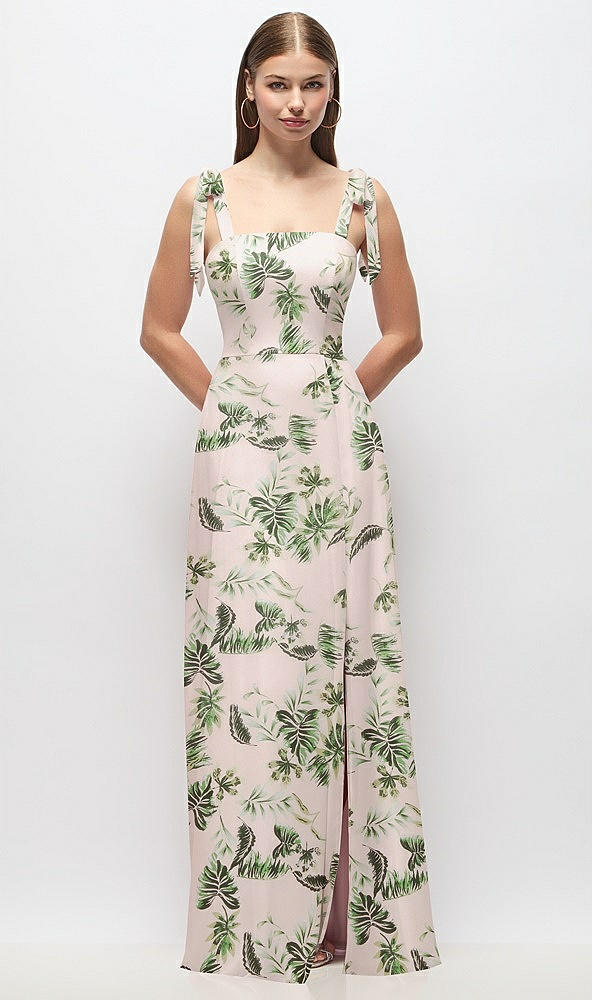 Front View - Palm Beach Print Tie-Shoulder Chiffon Maxi Dress with Front Slit